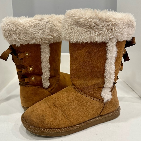 Girls Winter Brown Boots With Faux Fur Collar Size 2-3 - Picture 3 of 5